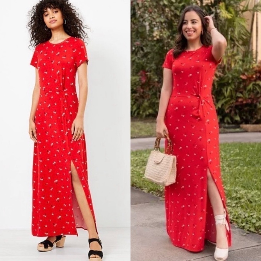 NWT Loft Cherry Print Short Sleeve High Slit Long Maxi Dress
